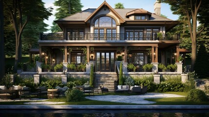 Obraz premium A photo of a triple-story house with pergola.