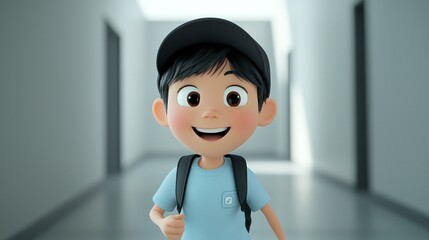 Animated boy walking hallway school