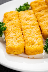 Fish sticks seafood dish fresh gourmet food background on table rustic food top view copy space keto and paleo pescetarian diet