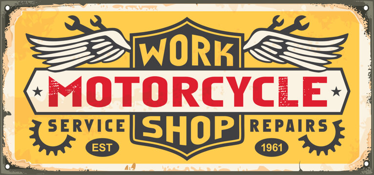 Motorcycle workshop vintage sign with retro emblem and lettering on yellow background. Transportation service and repair vector logo image.
