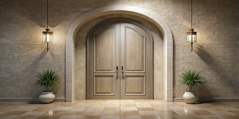 Elegant double doors in arched entryway with stone wall and potted plants