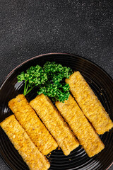 Fish sticks seafood dish fresh gourmet food background on table rustic food top view copy space keto and paleo pescetarian diet