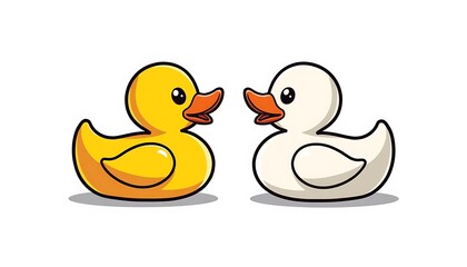 Fototapeta premium Minimalist illustration of two rubber duck toys, one yellow and one white, on a plain background.