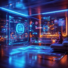 Fototapeta premium Futuristic Living Room with Holographic Technology and City Views
