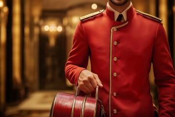 Hotel porter in red uniform holding luggage, luxury service concept, elegant golden interior background, traditional hospitality role, formal setting, copy space, selective focus
