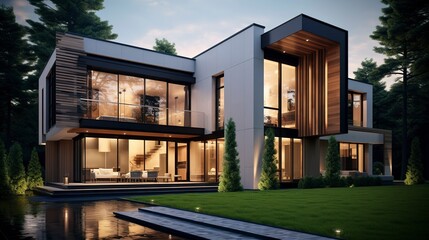 A photo of a triple-story house with sleek facade. ,
