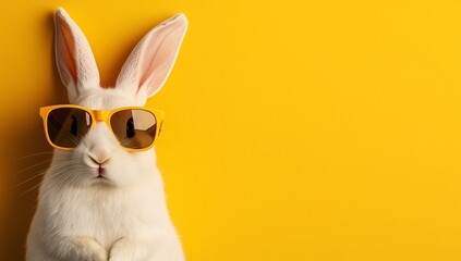 Fototapeta premium Cute white rabbit wearing yellow sunglasses on yellow backround