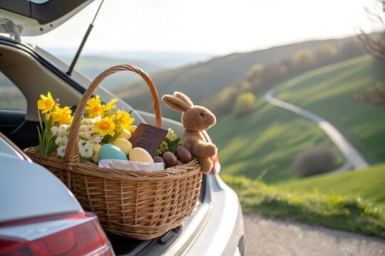 Easter picnic basket with yellow flowers, pastel eggs and toy bunny in car trunk overlooking scenic countryside valley at sunset