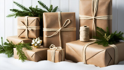 Rustic holiday gift wrapping with kraft paper, twine, and pine sprigs, evoking a cozy and festive Christmas atmosphere on a crisp white background.
