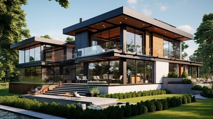 Obraz premium A photo of a triple-story house with sleek facade. ,