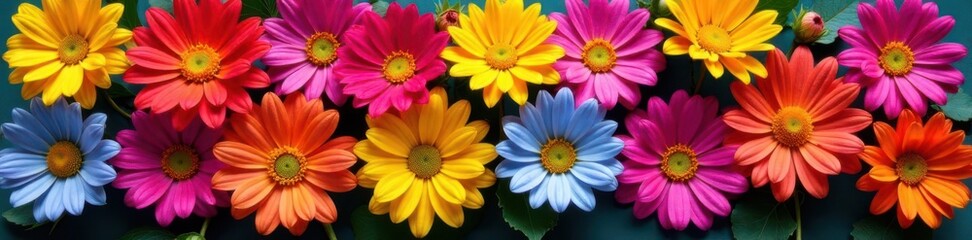 Brightly colored flowers arranged in a geometric pattern, Vibrant Colors, Floral Pattern