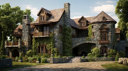 A photo of a triple-story house with stone walls.