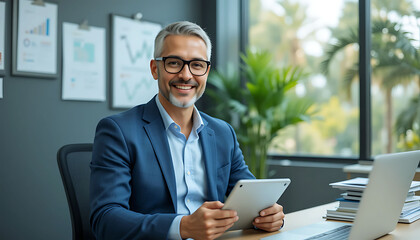 Professional Businessman Working on Tablet in Modern Office