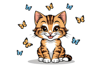 Obraz premium Whiskers and Wings: A captivating cartoon depiction of a playful kitten surrounded by a flurry of colorful butterflies, embodying the playful essence of youth and natural wonder.