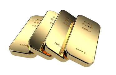 4 glossy gold bullions as fallen stack isolated