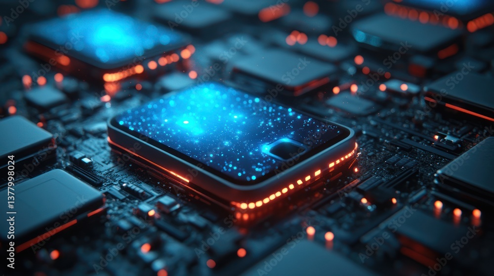 Poster futuristic glowing microchip on circuit board.