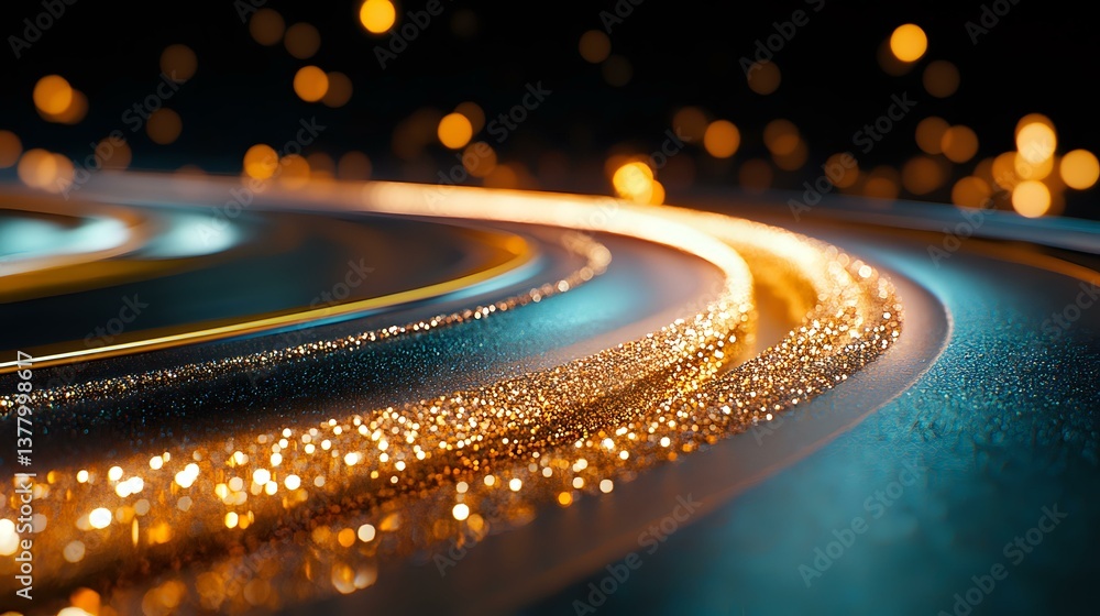 Poster curved light trails with golden bokeh effect on dark turquoise background create dynamic motion and 