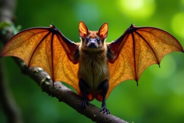 Close-up of brown bat wings spread wide on a branch, , brown bat
