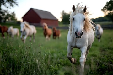Obraz premium White horse galloping in green pasture with red barn and other horses in background during sunset, creating peaceful rural farm atmosphere.