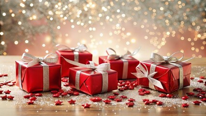 Festive red gifts with silver ribbons, adorned with sparkling confetti, set against a backdrop of shimmering lights, creating a magical holiday scene.