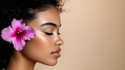 Fototapeta premium Young African American woman with natural curly hair and pink hibiscus flower, side profile showing glowing skin, closed eyes, and glossy lips against beige background.