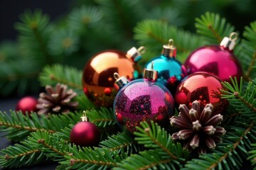 Fototapeta premium Colorful glass balls nestled among lush greenery and pinecones, glass, evergreen, Christmas