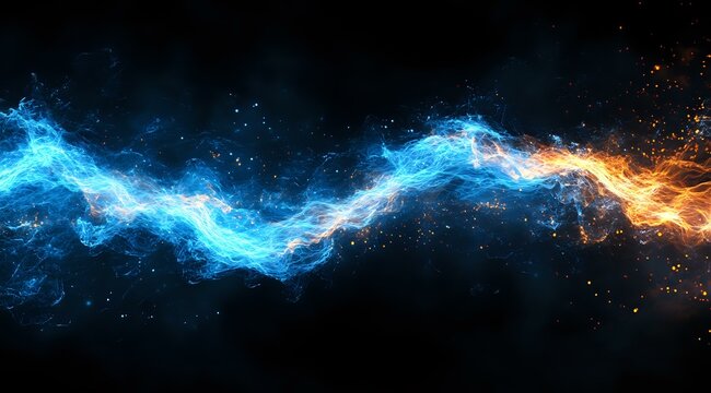 Cosmic energy wave with contrasting blue and orange flames flowing through dark space, creating dynamic motion effect against starry background. Suitable for sci-fi designs.
