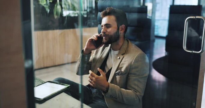 Business, phone call and smile with man in office for communication, planning or privacy cubicle. Conversation, corporate and tablet with employee in pod at workplace for mobile negotiation or update