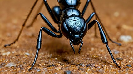 Fototapeta premium Close-up of a Black Ant on Sandy Ground Showing Intricate Detail