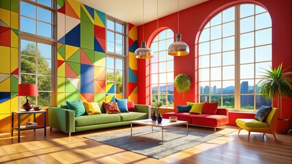 Vibrant Living Room Design with Colorful Geometric Wall and Large Windows Offering Panoramic View