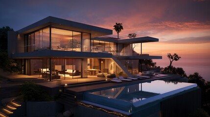 Fototapeta premium A photo of a triple-story modern villa at dusk. ,