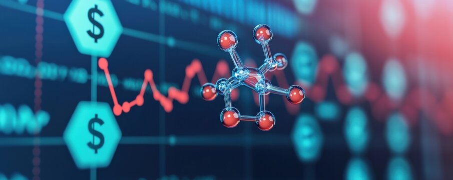 hydrogen sustainability economy concept. Digital financial graphics with molecular structure and dollar symbols.