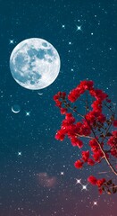 Naklejka premium Full Moon and Red Blossom Branches Against Starry Night Sky, Nighttime Floral Scene with Moonlight and Sakura Blooms, Full Moon and Red Flowers Under a Starry Sky 