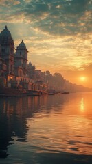 Fototapeta premium The sunrise over a river ancient ghats glowing horizon
