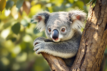Obraz premium Adorable koala clinging to a tree branch in a lush forest background.