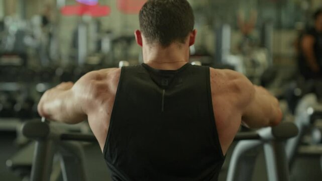 Man exercising on gym equipment
A man with a muscular build is seen from behind, intensely working out in a gym. He's using a rowing machine, focusing on his form amidst a backdrop of weight racks and