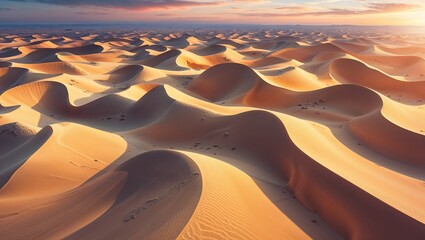 Swirling golden sand dunes stretch endlessly, bathed in warm light as the sun sets over a tranquil desert. This vast landscape showcases nature's beauty and serenity