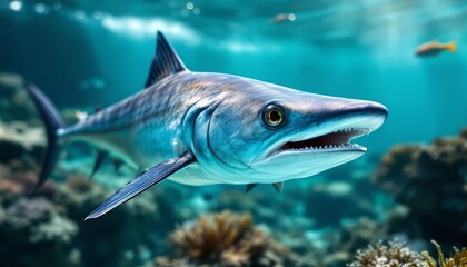 Fototapeta premium Barracuda Swimming Underwater in Clear Ocean Water Near Coral Reefs