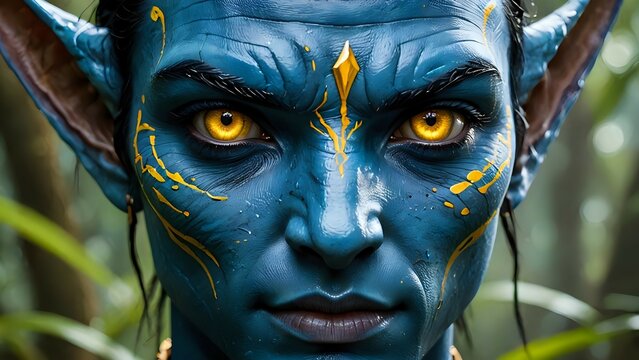 Close-up of Blue Avatar Face with Yellow Eyes in Lush Jungle