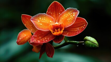 Vibrant orange orchid flower with water droplets on its petals in soft focus against dark background
