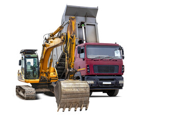 Construction equipment rental showcases an excavator and a dump truck, positioned for site work. The vehicles are designed for efficient digging and hauling tasks.