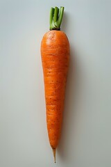 Fresh orange carrot with green leaves isolated on white background. Natural organic vegetable showing texture and detail in minimalist composition.
