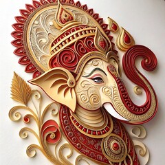 Naklejka premium Intricate Quilling Art Lord Ganesha's Majestic Portrait in Red and Gold