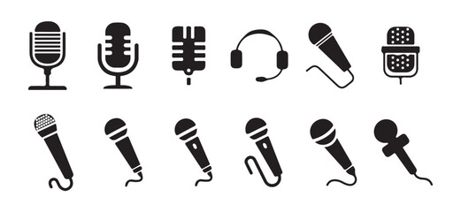 Microphone icon set. A detailed vector collection of microphones and headphones, featuring equipment ideal for podcasts and recording studios. vector illustration  eps 10.