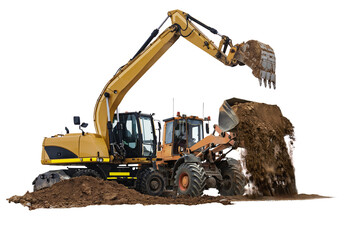 Heavy machinery including an excavator and loader is actively engaged in moving dirt at a construction site, showcasing site preparation efforts. © Anoo