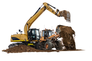 Heavy machinery including an excavator and loader is actively engaged in moving dirt at a construction site, showcasing site preparation efforts.