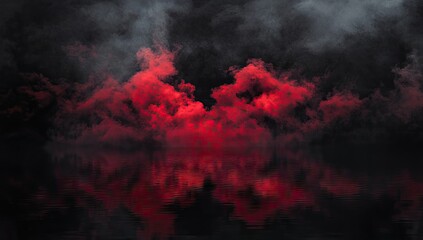 Red smoke clouds over dark water