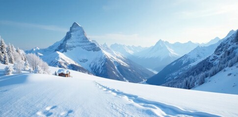 Obraz premium Frozen snowscape with a distant mountain range , snowy terrain, frozen landscape, frosty atmosphere