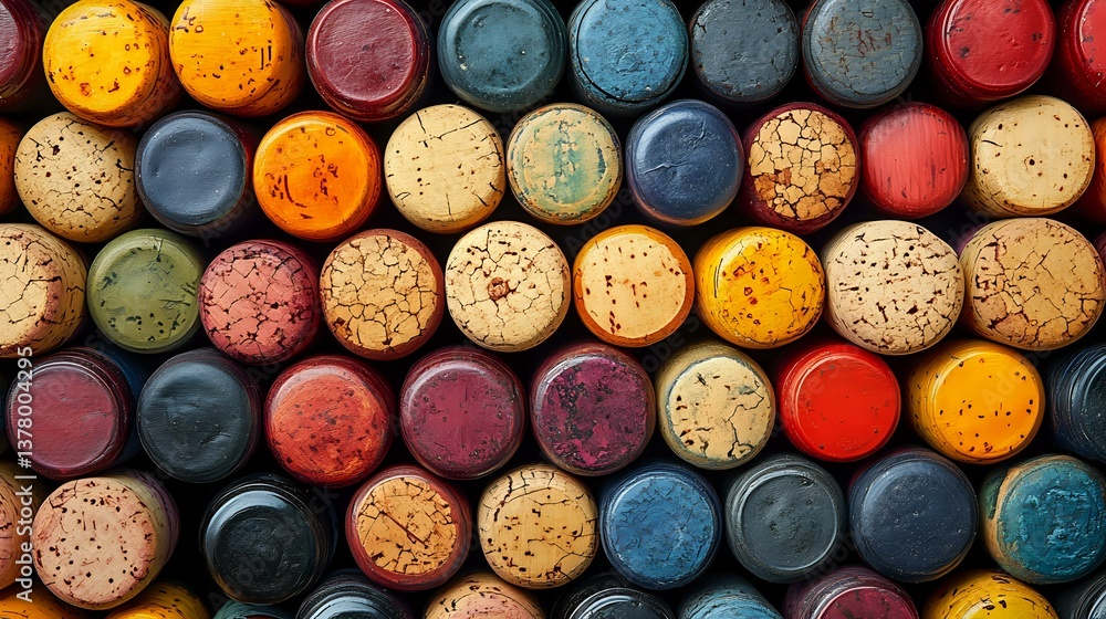 Poster colorful wine bottle corks arranged in rows creating abstract pattern background. variety of natural