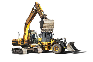 Large construction equipment is isolated and available for rent, showing its capabilities for...